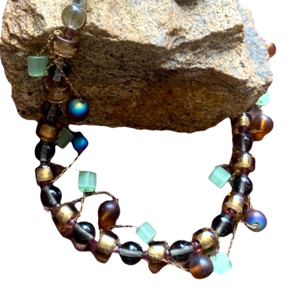 Artesian Glass Beaded Collar Necklace Choker Green Gold Copper Colors Jewelry - Picture 2 of 9